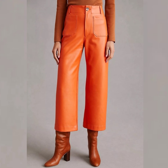 ANTHROPOLOGIE The Colette Cropped Wide-Leg Faux Leather Pants by Maeve in Orange - Picture 2 of 7